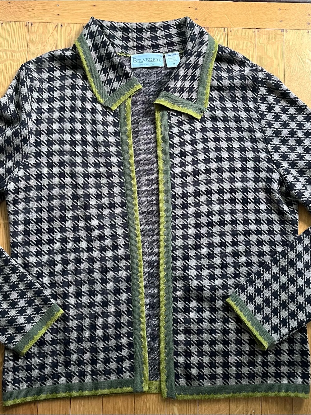 Vintage Black and White Houndstooth Cardigan with Green Trim